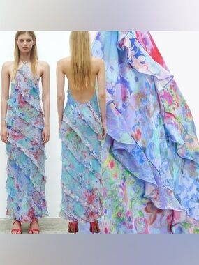 Zara XL Bloggers Favorite Watercolor Ruffle Halter Maxi Dress Blue Floral
